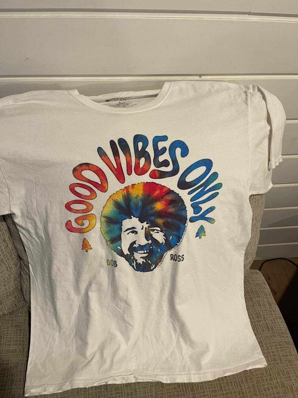 Bob Ross Good Vibes Only Rainbow Graphic White T-Shirt
